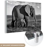 Peinture sur verre - Mère et bébé éléphant à travers la savanne - noir et blanc - 30x20 cm - Peintures sur Verre Peintures - Photo sur Glas