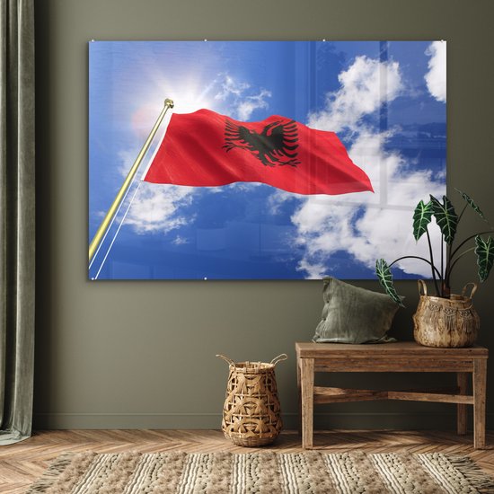 Le drapeau de l'Albanie sur fond noir Plexiglas 160x120 cm - Tirage photo  sur Glas