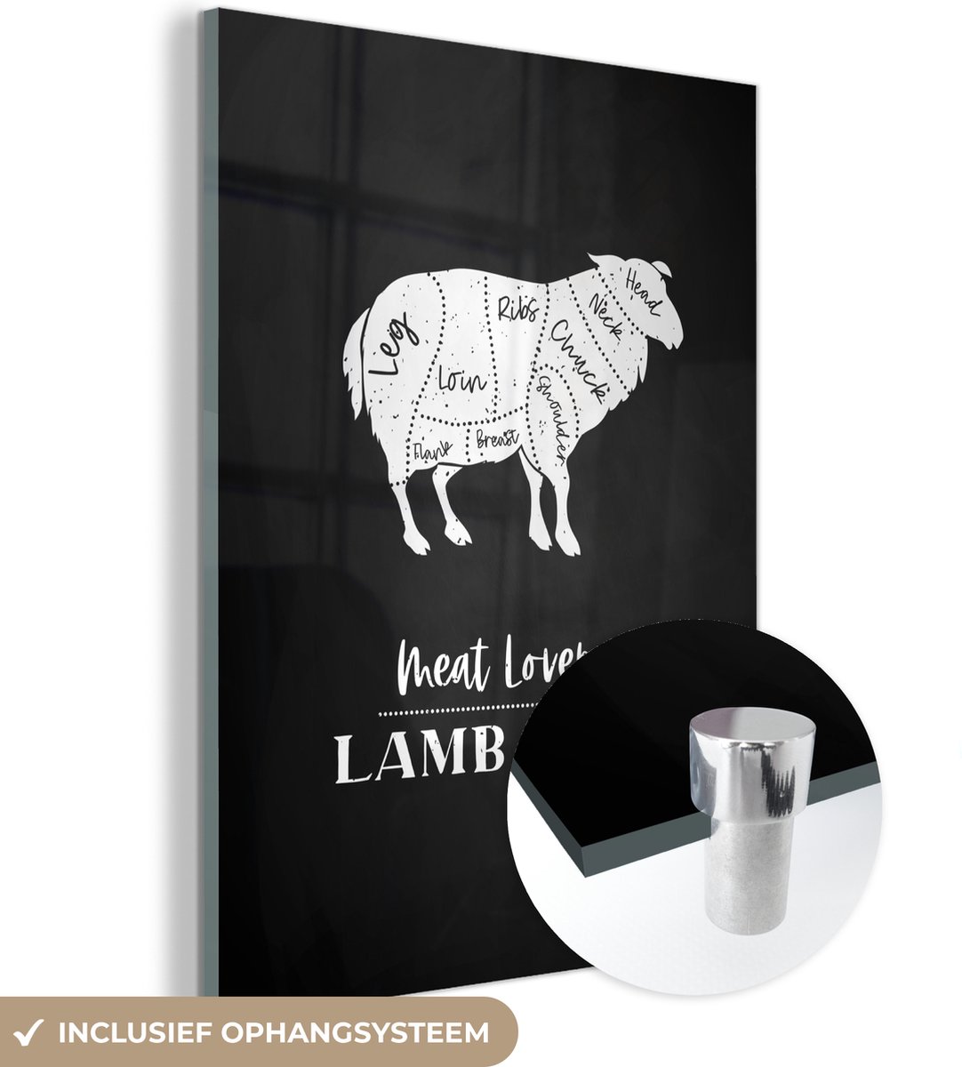 ® Glasschilderij 90x120 cm - Schilderij acrylglas - Schaap - Keuken - Vlees - BBQ - Foto o