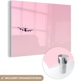 MuchoWow® Glasschilderij 180x120 cm - Schilderij acrylglas - Stijgend vliegtuig in een roze lucht - Foto op glas - Schilderijen