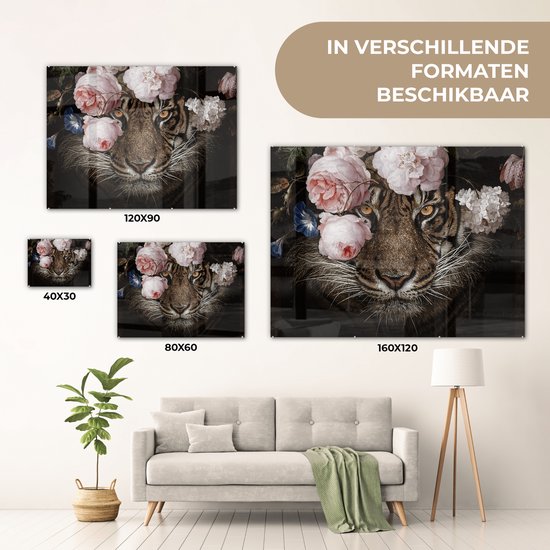 Peinture sur Verre - Tigre - Fleurs - Roses - 160x120 cm - Peintures sur Verre Peintures - Photo sur Glas