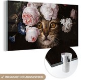 MuchoWow® Glasschilderij 40x20 cm - Schilderij acrylglas - Kat - Bloemen - Dieren - Foto op glas - Schilderijen