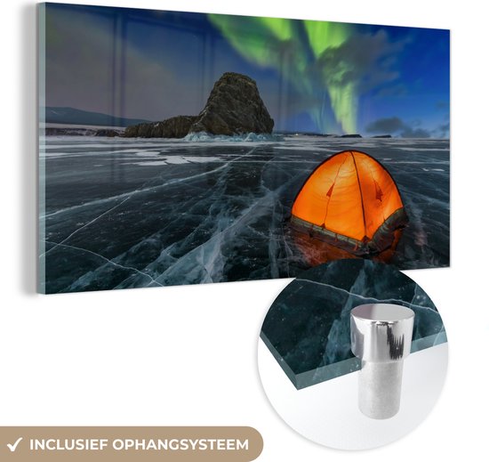 MuchoWow® Glasschilderij 160x80 cm - Schilderij acrylglas - Noorderlicht - Tent - IJs - Scandinavië - Foto op glas - Schilderijen