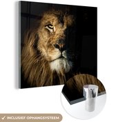 MuchoWow® Glasschilderij 50x50 cm - Schilderij acrylglas - Leeuw - Licht - Zwart - Foto op glas - Schilderijen