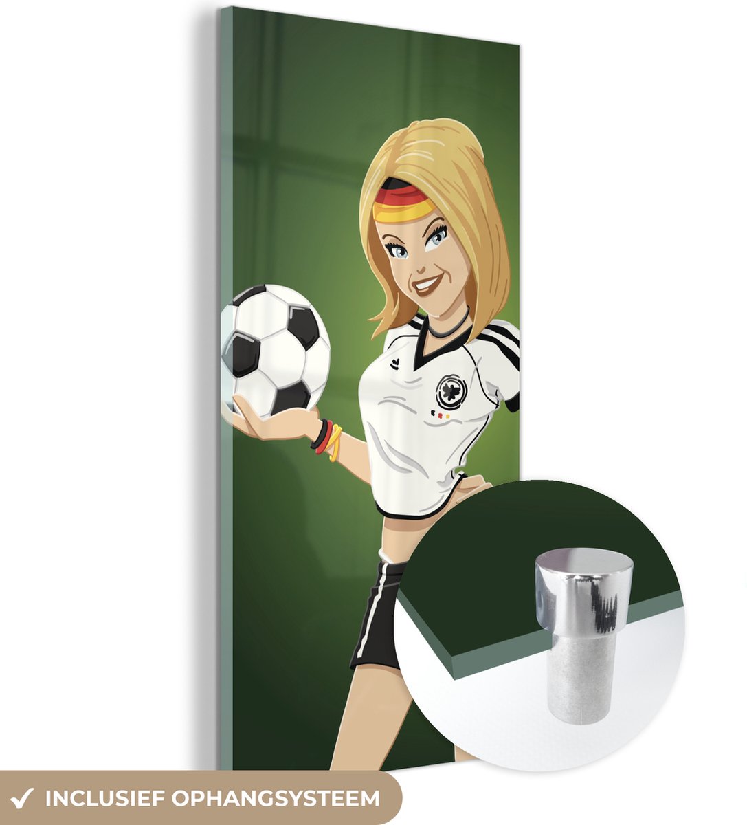® Glasschilderij 20x40 cm - Schilderij acrylglas - Een illustratie van een meisje met Duitse kleding en een voetbal - Meiden - Meisjes - Kinderen - Foto op glas - Muurdecoratie woonkamer - Wanddecoratie slaapkamer - Schilderijen
