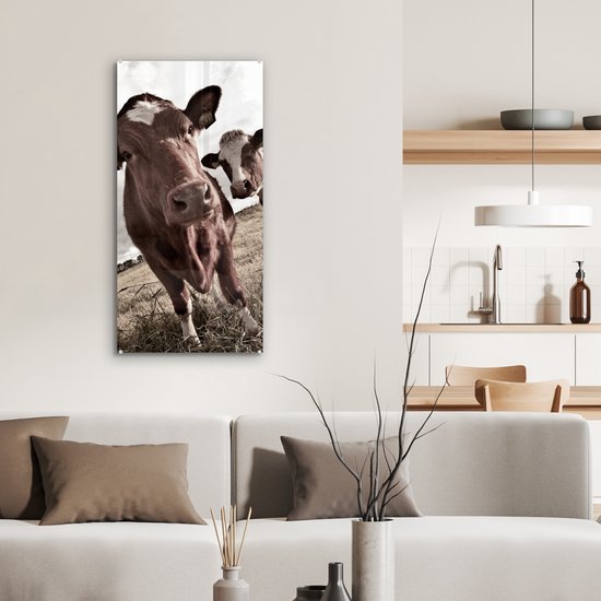 MuchoWow® Peinture sur verre 40x80 cm - Peinture sur verre acrylique - Tirage photo vaches sur un champ sépia - Photo sur verre - Peintures