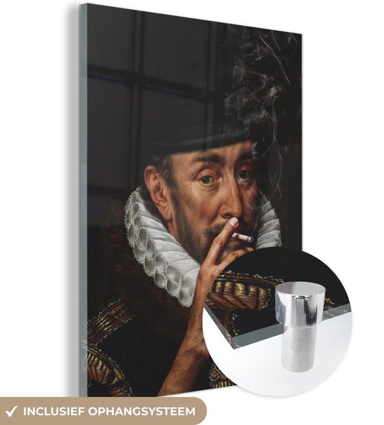MuchoWow® Glasschilderij 60x80 cm - Schilderij acrylglas - Willem van Oranje - Adriaen Thomasz - Sigaret - Foto op glas - Schilderijen