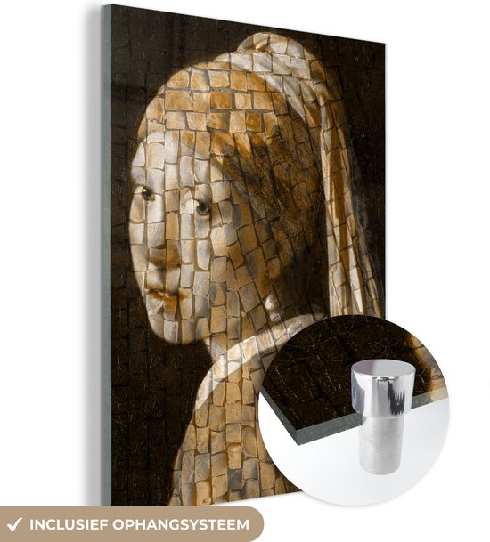 MuchoWow® Glasschilderij 90x120 cm - Schilderij acrylglas - Meisje met de parel - Oude meesters - Mozaïek - Foto op glas - Schilderijen