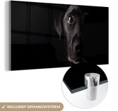MuchoWow® Glasschilderij 160x80 cm - Schilderij acrylglas - Een zwarte Labrador Retriever op een zwarte achtergrond - Foto op glas - Schilderijen