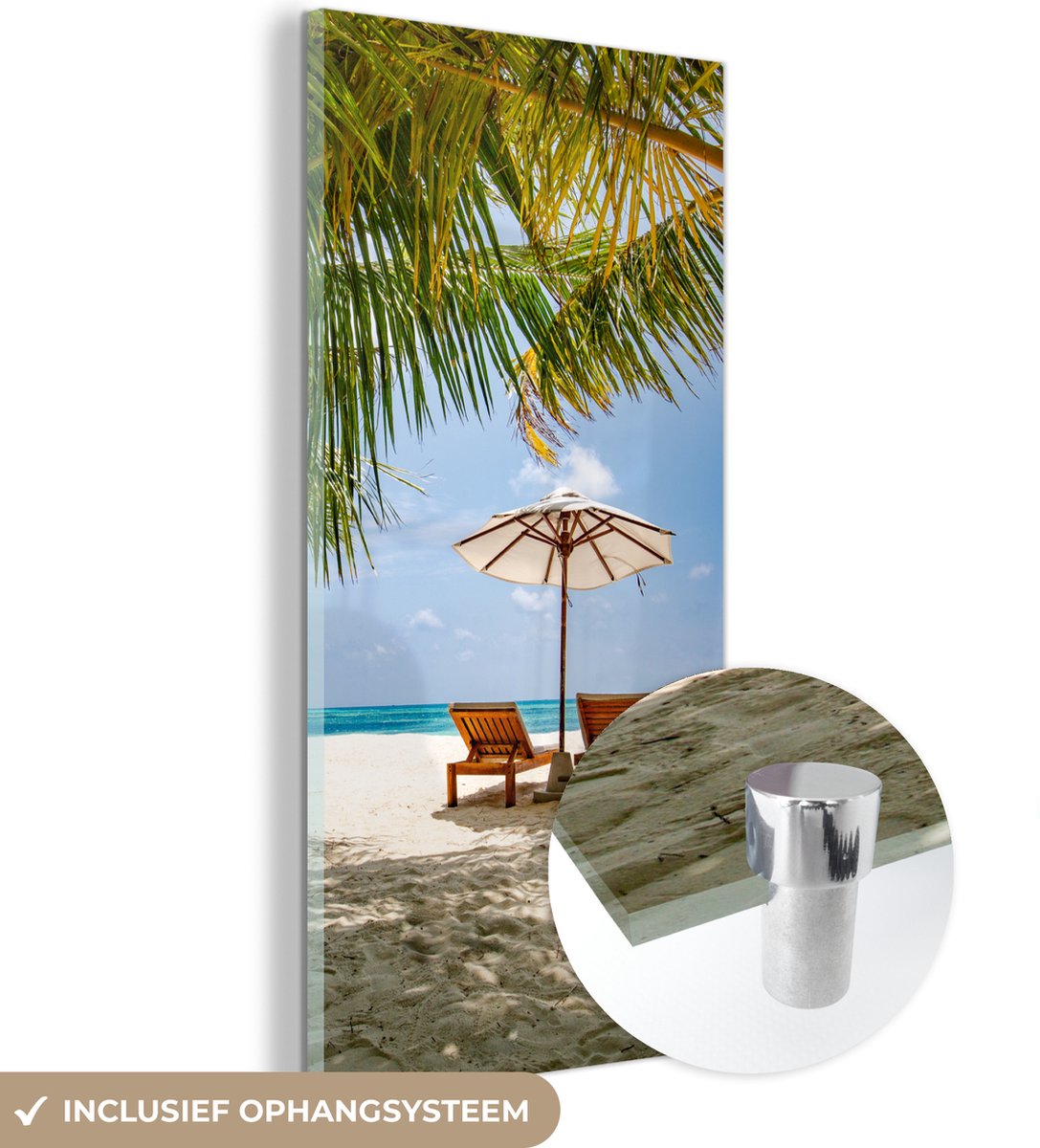 ® Glasschilderij 40x80 cm - Schilderij acrylglas - Strandstoel - Parasol - Palmboom - Foto op glas - Muurdecoratie woonkamer - Wanddecoratie slaapkamer - Schilderijen