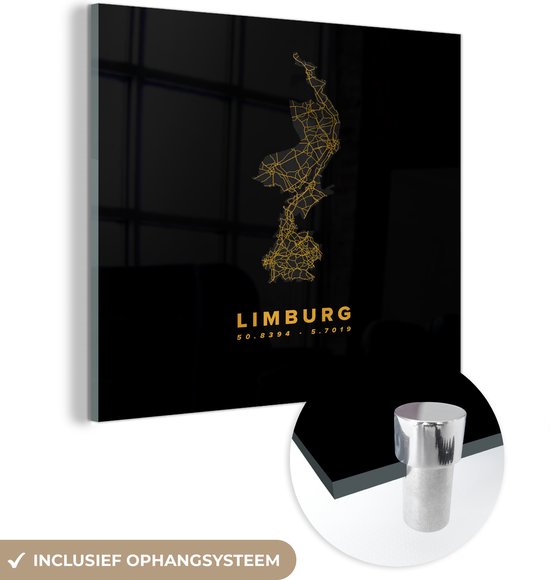 MuchoWow® Glasschilderij 50x50 cm - Schilderij acrylglas - Limburg - Wegenkaart - Black and gold - Foto op glas - Schilderijen