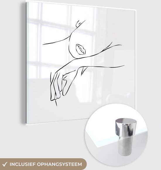 MuchoWow® Glasschilderij 50x50 cm - Schilderij acrylglas - Abstracte line art van een vrouw die op haar arm rust vierkant - Foto op glas - Schilderijen