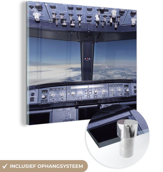 MuchoWow® Glasschilderij 50x50 cm - Schilderij acrylglas - Cockpit - Wolken - Vliegtuig - Foto op glas - Schilderijen