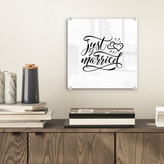 MuchoWow® Peinture sur verre 20x20 cm - Peinture sur verre acrylique - Dictons - Tout juste marié - Citations - Se marier - Photo sur verre - Peintures