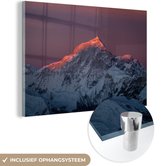 MuchoWow® Glasschilderij 30x20 cm - Schilderij acrylglas - Nepal - Berg - Sneeuw - Roze - Foto op glas - Schilderijen