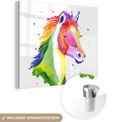 MuchoWow® Glasschilderij 50x50 cm - Schilderij acrylglas - Paard - Kleuren - Stippen - Meisjes - Kinderen - Meiden - Foto op glas - Schilderijen