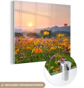 MuchoWow® Glasschilderij 20x20 cm - Schilderij acrylglas - Bloemen - Zonsondergang - Berg - Foto op glas - Schilderijen