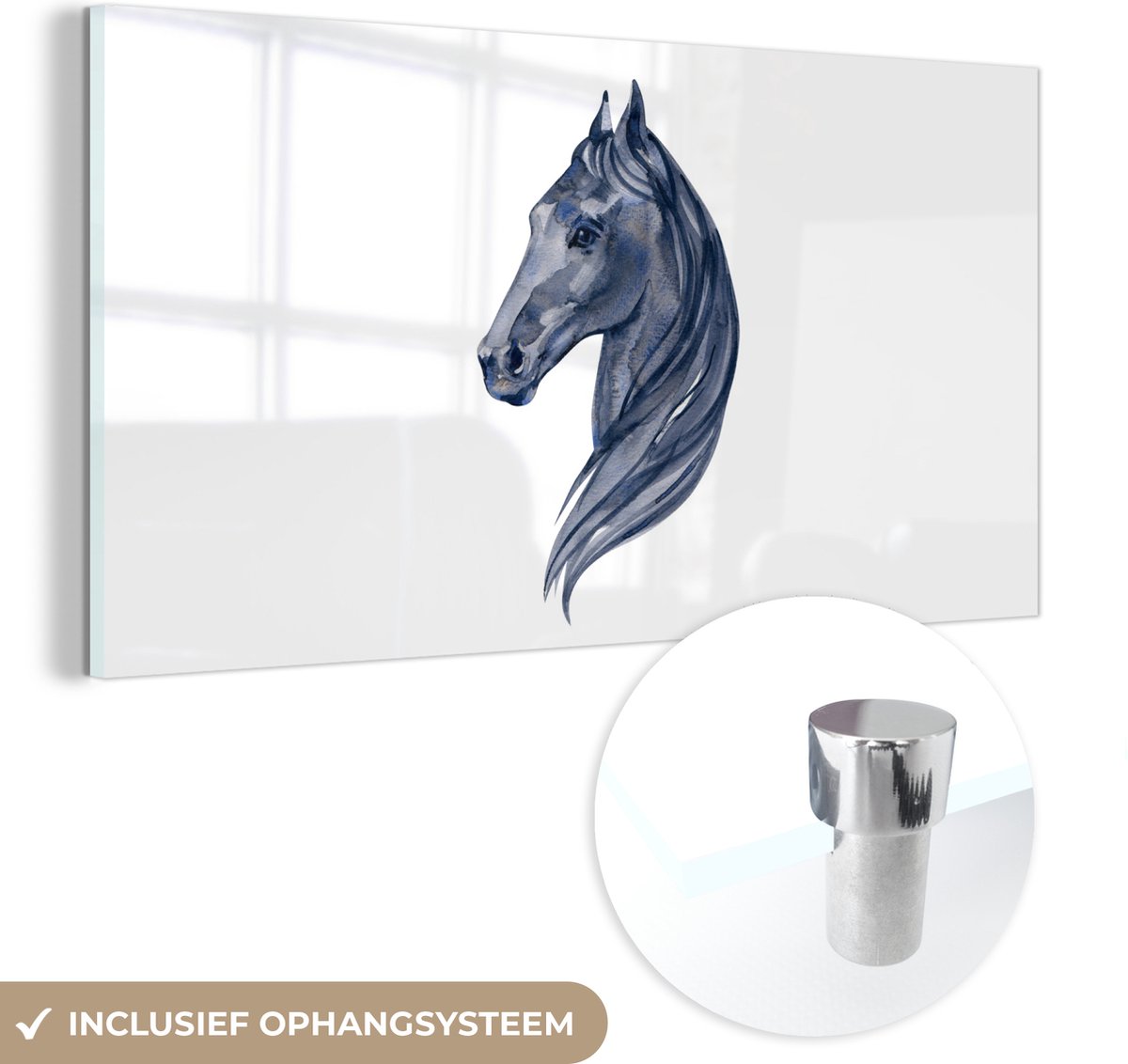 MuchoWow® Glasschilderij 40x20 cm - Schilderij acrylglas - Paard - Waterverf - Blauw - Meisjes - Kinderen - Meiden - Foto op glas - Schilderijen