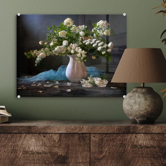 MuchoWow® Glasschilderij 40x30 cm - Schilderij acrylglas - Bloemen - Wit - Stilleven - Foto op glas - Schilderijen