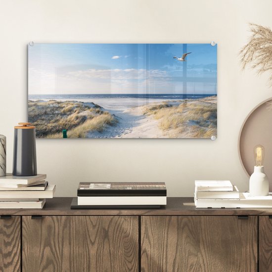 Peinture sur verre - Feuille acrylique - Mouette - Mer - Dunes - Décoration murale - 40x20 cm - Décoration d'intérieur - Peinture sur verre mer - Photo sur verre - Verre acrylique - Décoration murale