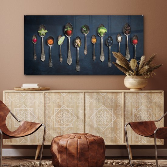 MuchoWow® Peinture sur verre 120x60 cm - Peinture sur verre acrylique - Herbes - Cuillère - Argent - Épices - Industriel - Photo sur verre - Peintures