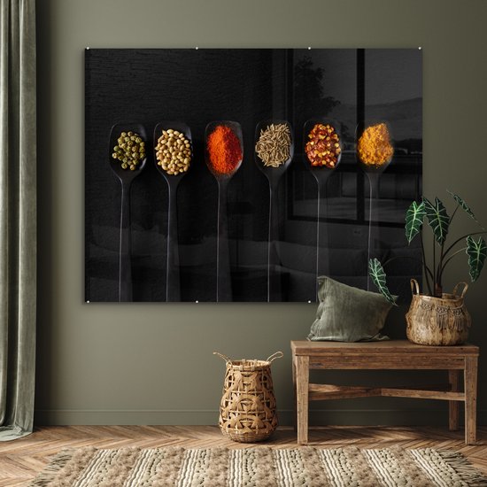 MuchoWow® Peinture sur verre 160x120 cm - Peinture sur verre acrylique - Cuillères - Épices - Zwart - Herbes - Rustique - Photo sur verre - Peintures