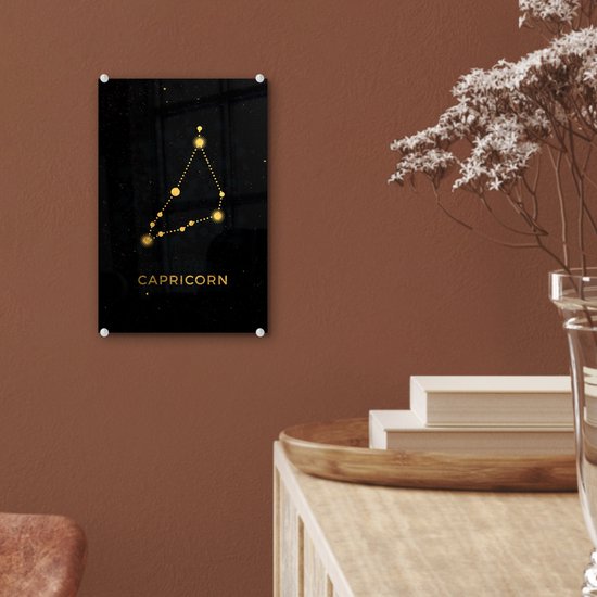 MuchoWow® Glasschilderij 20x30 cm - Schilderij acrylglas - Zodiac signs - Steenbok - Astrologie - Goud - Foto op glas - Schilderijen