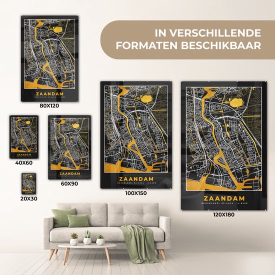 MuchoWow® Peinture sur verre 60x90 cm - Peinture acrylique sur verre - Plan - Zaandam - Or - Zwart - Photo sur verre - Peintures - Plan de ville
