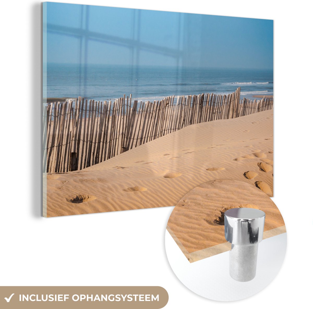 ® Glasschilderij 90x60 cm - Schilderij acrylglas - Strand - Palen - Zee - Foto op glas - M
