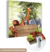 MuchoWow® Glasschilderij 90x90 cm - Schilderij acrylglas - Jungle dieren - Natuur - Planken - Kinderen - Giraffe - Foto op glas - Schilderijen