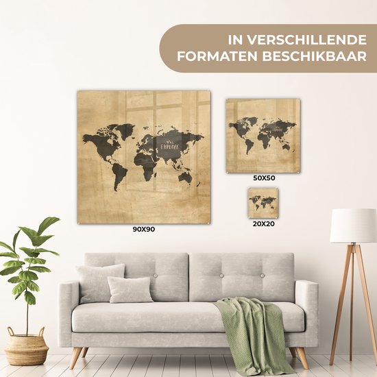 Peinture sur Verre - Carte du Wereldkaart - Vintage - Voyages - 20x20 cm - Peintures sur Verre Peintures - Photo sur Glas