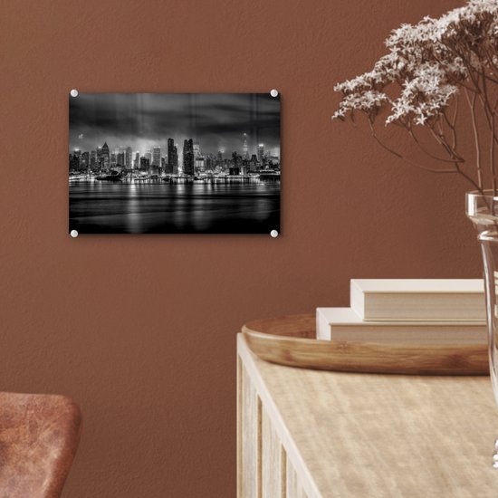 MuchoWow® Peinture sur verre 30x20 cm - Peinture sur verre acrylique - New York - Storm - Zwart - Wit - Photo sur verre - Peintures