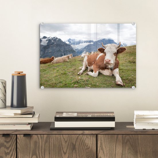 MuchoWow® Peinture sur verre 30x20 cm - Peinture acrylique sur verre - Vaches - Prairie - Alpes - Photo sur verre - Peintures