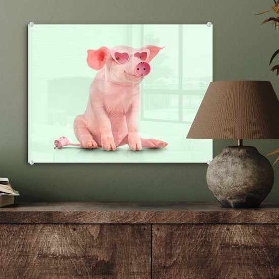 MuchoWow® Peinture sur verre 40x30 cm - Peinture sur verre acrylique - Cochon - Rose - Lunettes - Prise - Animaux - Photo sur verre - Peintures