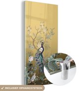 Glasschilderij - Pauw - Bloemen - Goud - Pauwenveren - Luxe - Afbeelding op glas - 20x40 cm - Muurdecoratie - Foto op glas