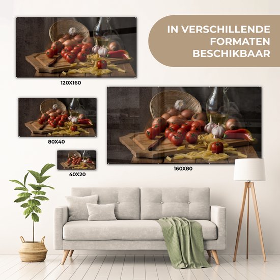 MuchoWow® Tableau sur verre 120x60 cm - Tableau sur verre acrylique - Planche à découper - Légume - Nature morte - Pâtes - Oignon - Tomate - Planche à découper - Photo sur verre - Décoration murale salon - Décoration murale chambre - Peintures