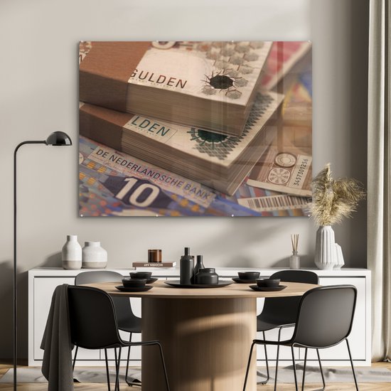 MuchoWow® Peinture sur verre 120x90 cm - Peinture sur verre acrylique - Gros plan de plusieurs piles de florins Nederland - Photo sur verre - Peintures