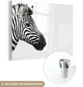 MuchoWow® Glasschilderij 120x90 cm - Schilderij acrylglas - Close-up van een zebra - Foto op glas - Schilderijen