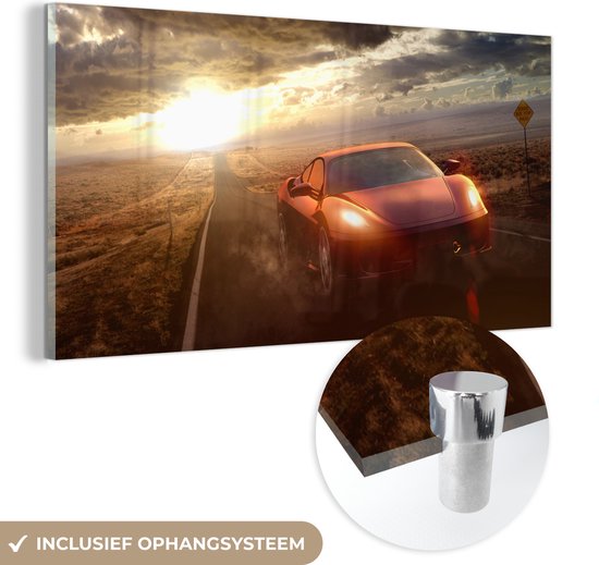 MuchoWow® Glasschilderij 80x40 cm - Schilderij acrylglas - Snelle auto op afgelegen weg - Foto op glas - Schilderijen