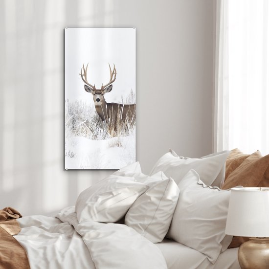 MuchoWow® Peinture sur verre 40x80 cm - Peinture acrylique sur verre - Cerf - Hiver - Neige - Animaux - Saisons - Wit - Photo sur verre - Peintures