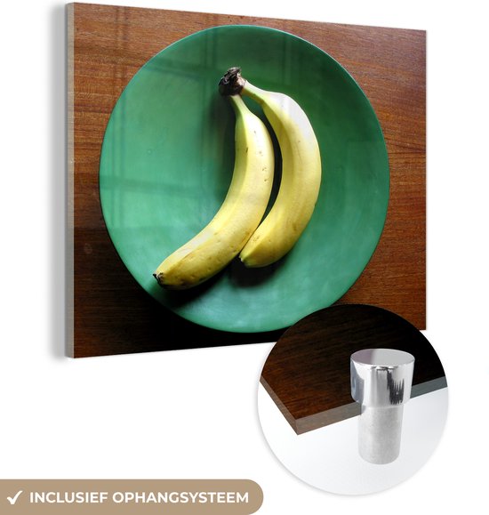 Bananes ternes couchées les unes contre les autres dans une assiette verte en Plexiglas 80x60 cm - Tirage photo sur Glas (décoration murale en plexiglas)