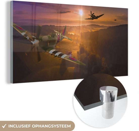 MuchoWow® Glasschilderij 80x40 cm - Schilderij acrylglas - Spitfire vliegtuigen bij zonsondergang - Foto op glas - Schilderijen
