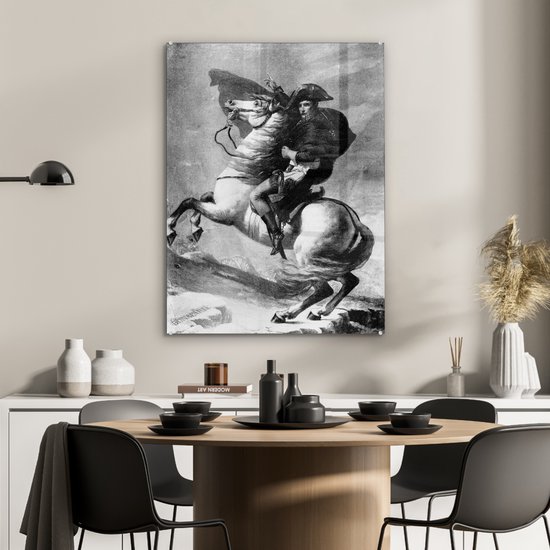 MuchoWow® Glasschilderij 60x80 cm - Schilderij acrylglas - Illustratie van Napoleon Bonaparte in het zwart-wit op een paard - Foto op glas - Schilderijen