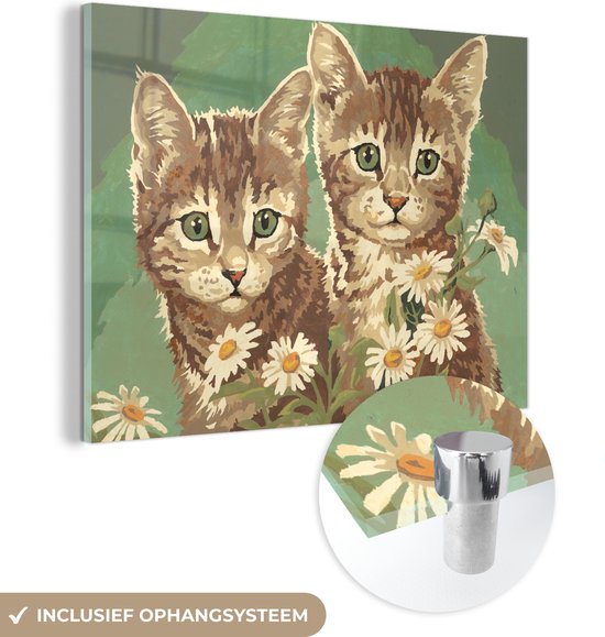 MuchoWow® Glasschilderij 160x120 cm - Schilderij acrylglas - Een illustratie van twee kittens in pop art - Foto op glas - Schilderijen