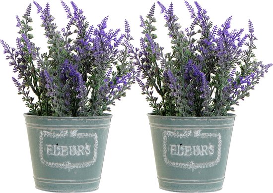 Fleurs de Lavande plante artificielle en pot de fleurs - 2x - fleurs violettes - 14 x 27 cm - composition florale