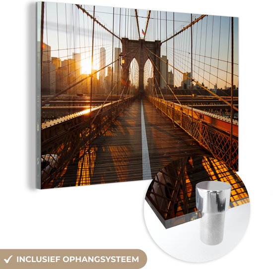 MuchoWow® Glasschilderij 60x40 cm - Schilderij acrylglas - Brooklyn Bridge in New York tijdens zonsondergang - Foto op glas - Schilderijen