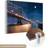 MuchoWow® Glasschilderij 90x60 cm - Schilderij acrylglas - New York - Brooklyn Bridge - Maan - Foto op glas - Schilderijen