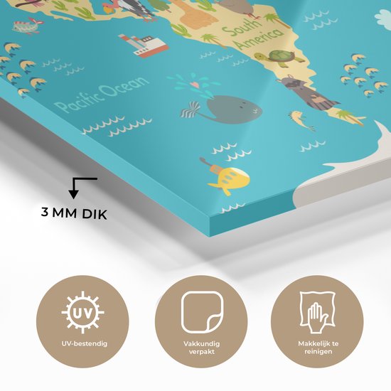 MuchoWow® Tableau sur verre 60x40 cm - Tableau sur verre acrylique - Wereldkaart - Enfants - Animaux - Jaune - Blauw - Garçons - Filles - Photo sur verre - Décoration murale salon - Décoration murale chambre - Peintures