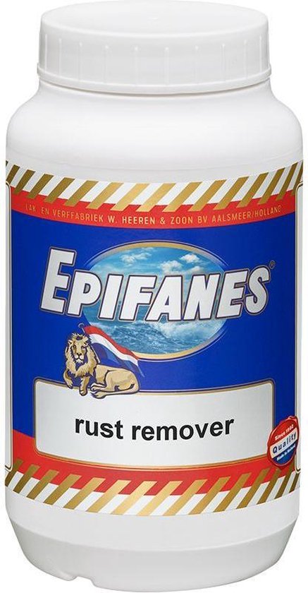 Witte pot met blauw label, met de tekst "Epifanes rust remover" en een leeuw met Nederlandse vlag.