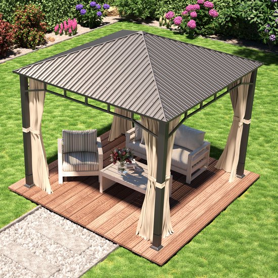 Pavillon de jardin 3x3m toit rigide en acier, 4 parois latérales crème,  profil 9x9cm | bol